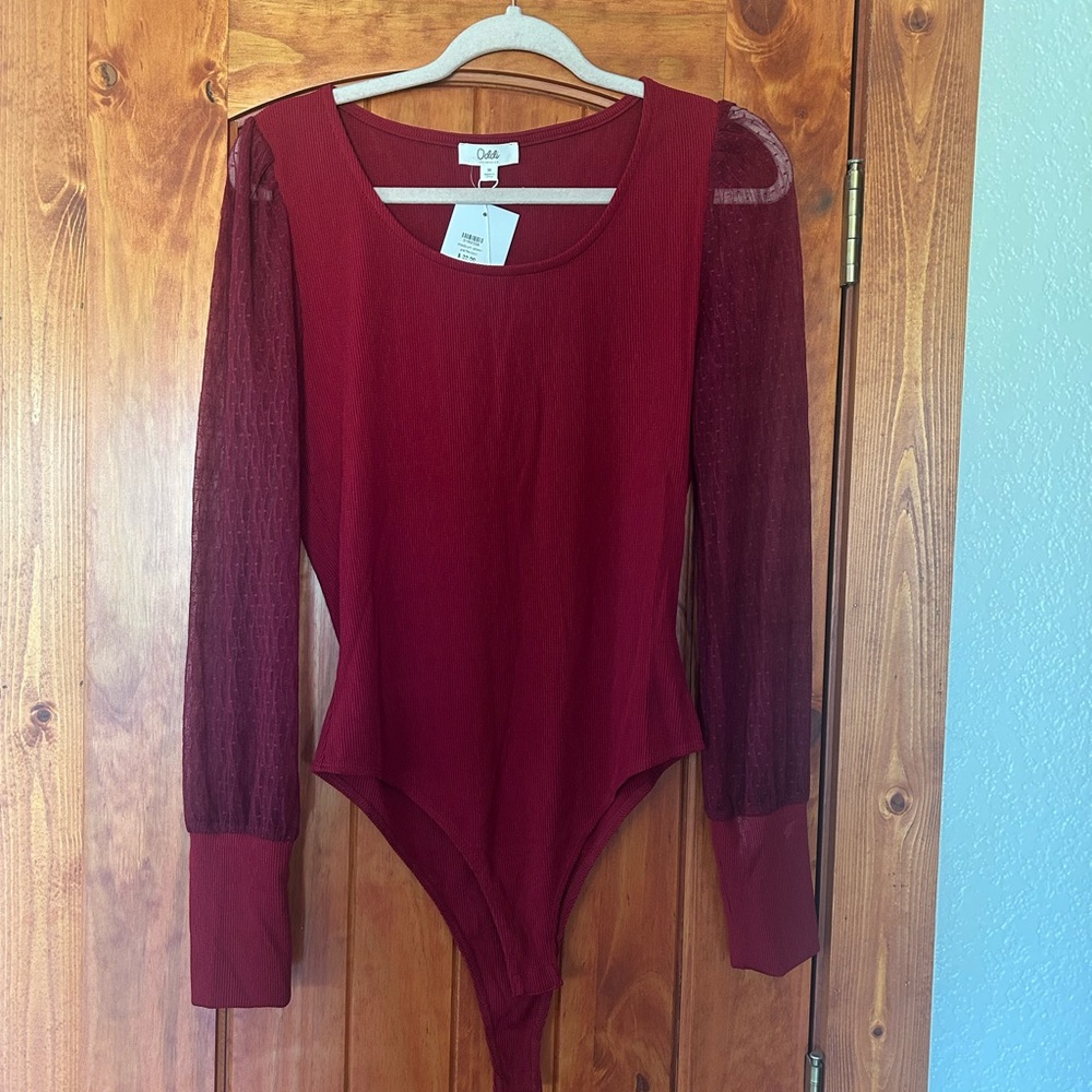 Elegant Burgundy Bodysuit with Sheer Sleeves